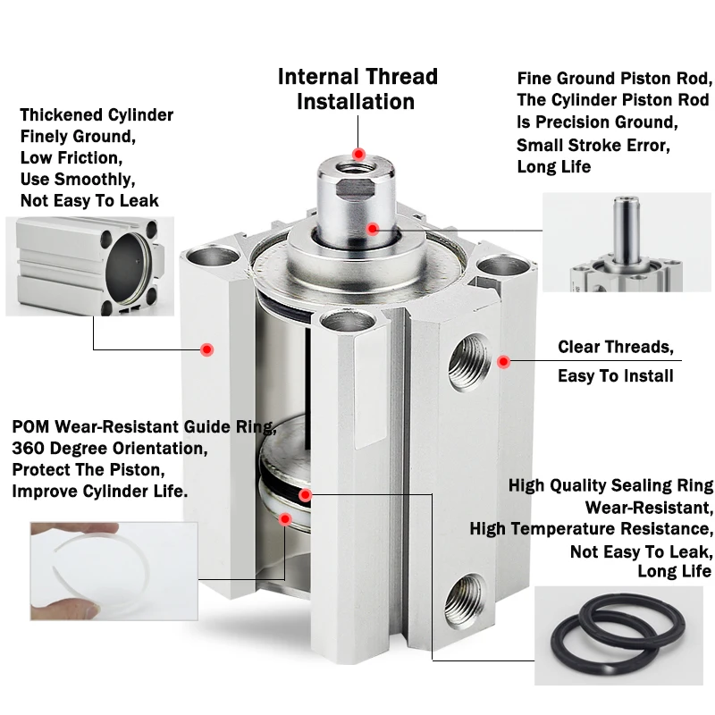Compact Thin Air Cylinder SDA16 20 25 32 40 50 63 80 100mm Bore 5-100mm Stroke Double Action Aluminium Alloy Pneumatic Cylinder
