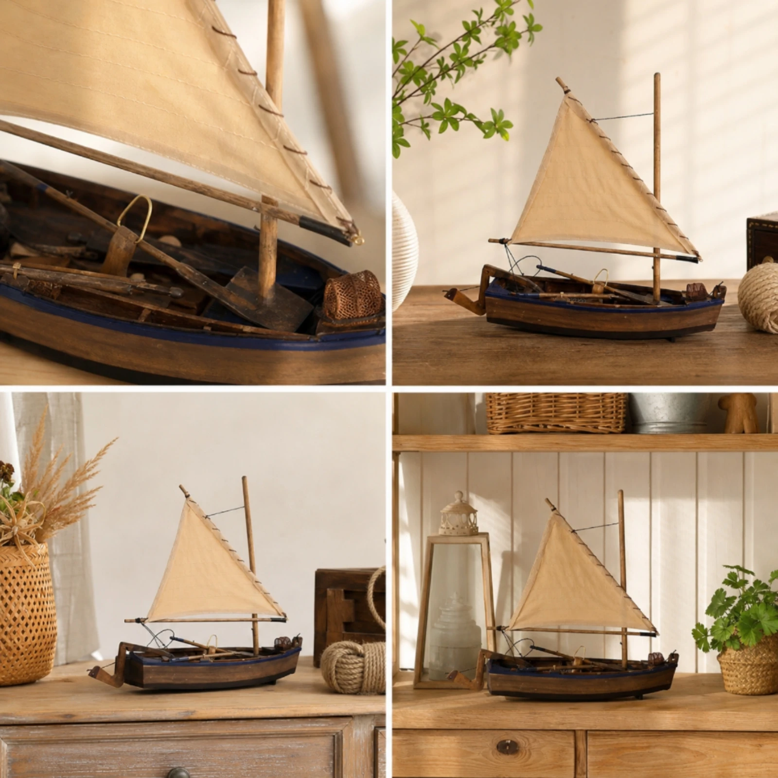 Model Sailboat with Cloth Sails Nautical Wooden Sailboat Sailing Boat Model Ocean-Themed Decoration Marine for Collectors, Desk