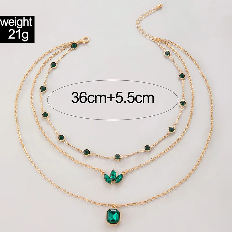 Tocona Luxury Leaf Grass Green Crystal Stone Layered Necklace for Women Temperament Alloy Metal Ajustable Jewelry Collar 24301