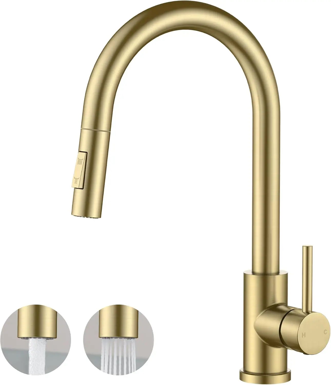 

Gold Kitchen Faucet with Pull Down Sprayer, Classic Single Hole Kitchen Sink Faucet with Deck Plate, Single Handle, High