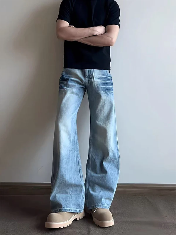 

American High Street Lightning Pattern Jeans Light Blue Waed Straight Leg Knife Men's High Waist Lift Micro Flare Pants