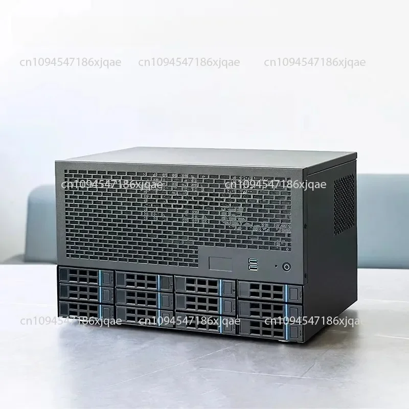 

12-bay NAS chassis with ATX motherboard, ATX power supply, 8 full-height slots, and hot-swappable hard driveays.