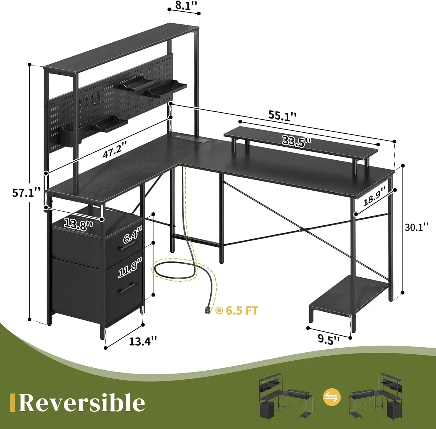 L Shaped Desk with Pegboard, Reversible Gaming Desk with LED Lights & Power Outlets, Computer Desk with Drawers