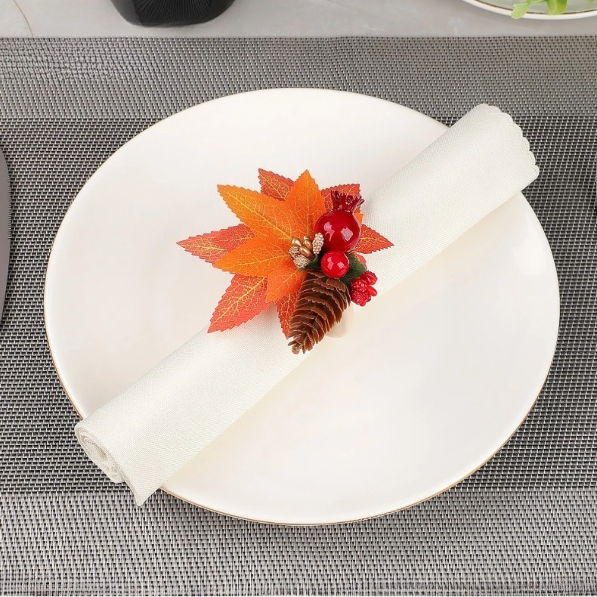 1Pc Vintage Autumn Harvest Napkin Ring, Artificial Maple Leaf Berry Pinecone Pomegranate, Halloween Thanksgiving Table Decor
