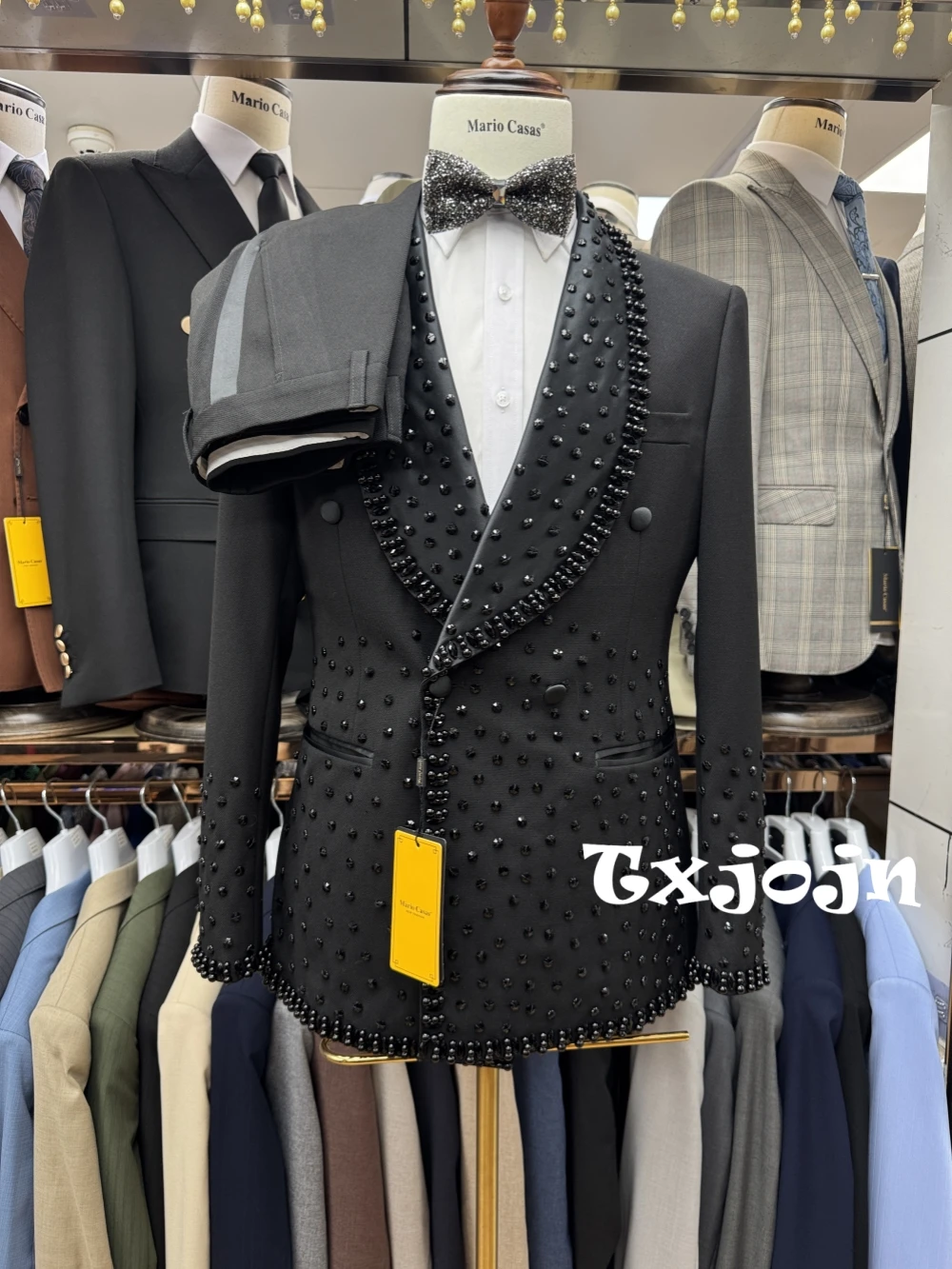 Preto de luxo cristal duplo breasted smoking masculino 2 peças roupa festa negócios, novo homem bonito terno conjunto casamento noivo conjuntos