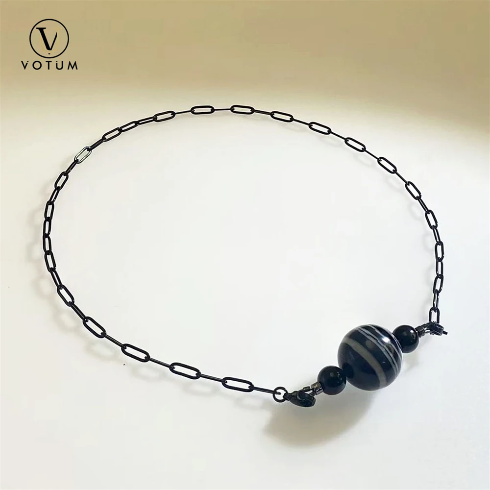 Votum Natural Black Sardonyx Onyx Striped Agate Bead Pendant Chain Necklace for Women Men Crysatl Stone Tourmaline Beads Jewelry