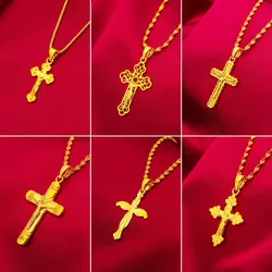 Non-Faded 18K Golden Cross Pendant Necklace for Women Men Gold and Original Color Chain Fashion Jewelry