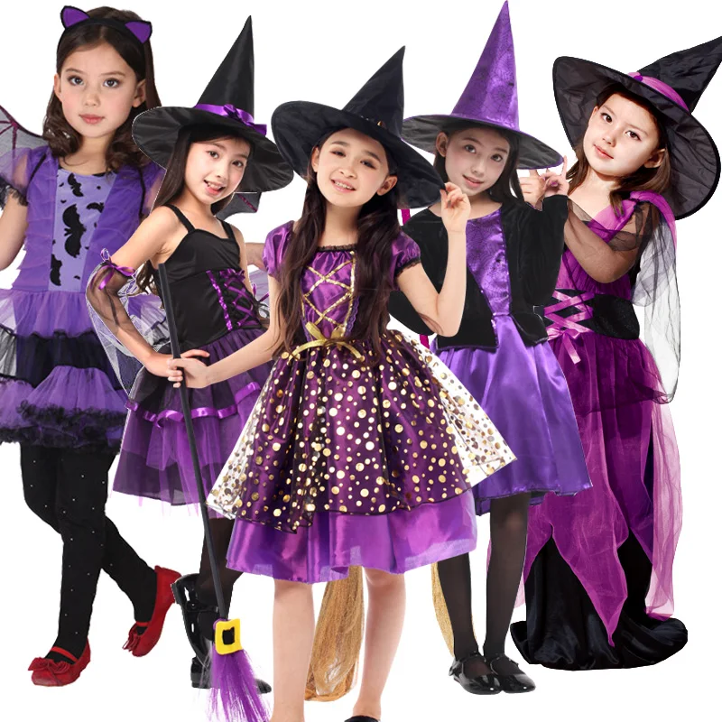 

Kids Costume Children Cosplay Carnival Fantasy Girls Witch Party Elegant Disguise Princess Pageant Dress with Hat Bring A Broom