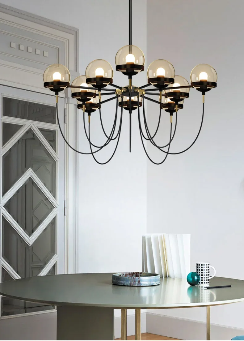 Retro Mitte des Jahrhunderts Kronleuchter Designer Glaskugel Kronleuchter für Wohnzimmer Schlafzimmer Küche Dekor schwarz Gold LED Pendel leuchte – Detail 5