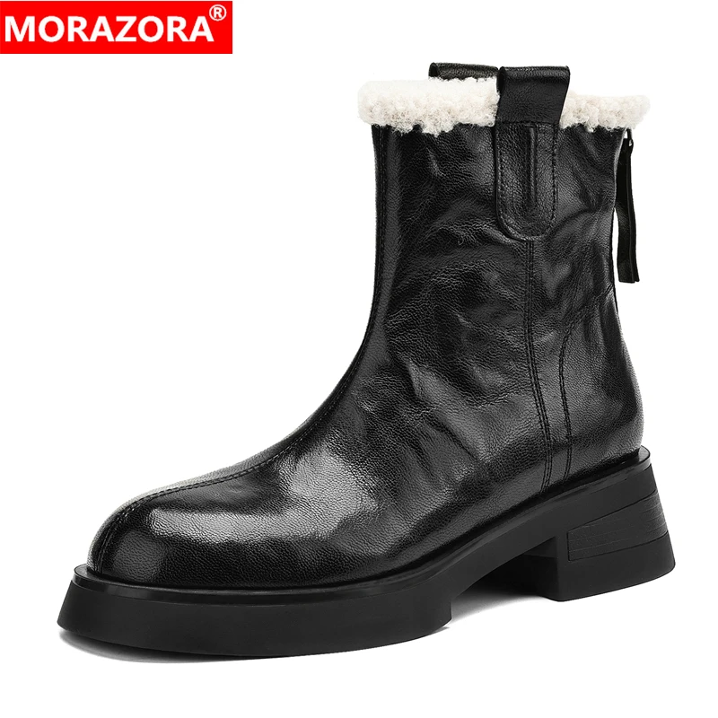 

MORAZORA Ins Hot Genuine Leather Boots Women Mid Heels Round Toe Thick Fur Warm Winter Snow Boots Platform Ladies Ankle Booties