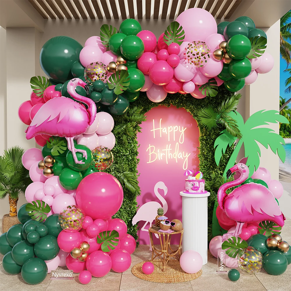 

133Pcs Hot Red Green Flamingo Balloons Garland Kit Flamingo Foil Balls Tropical Hawaiian Luau Aloha Summer Birthday Party Decor