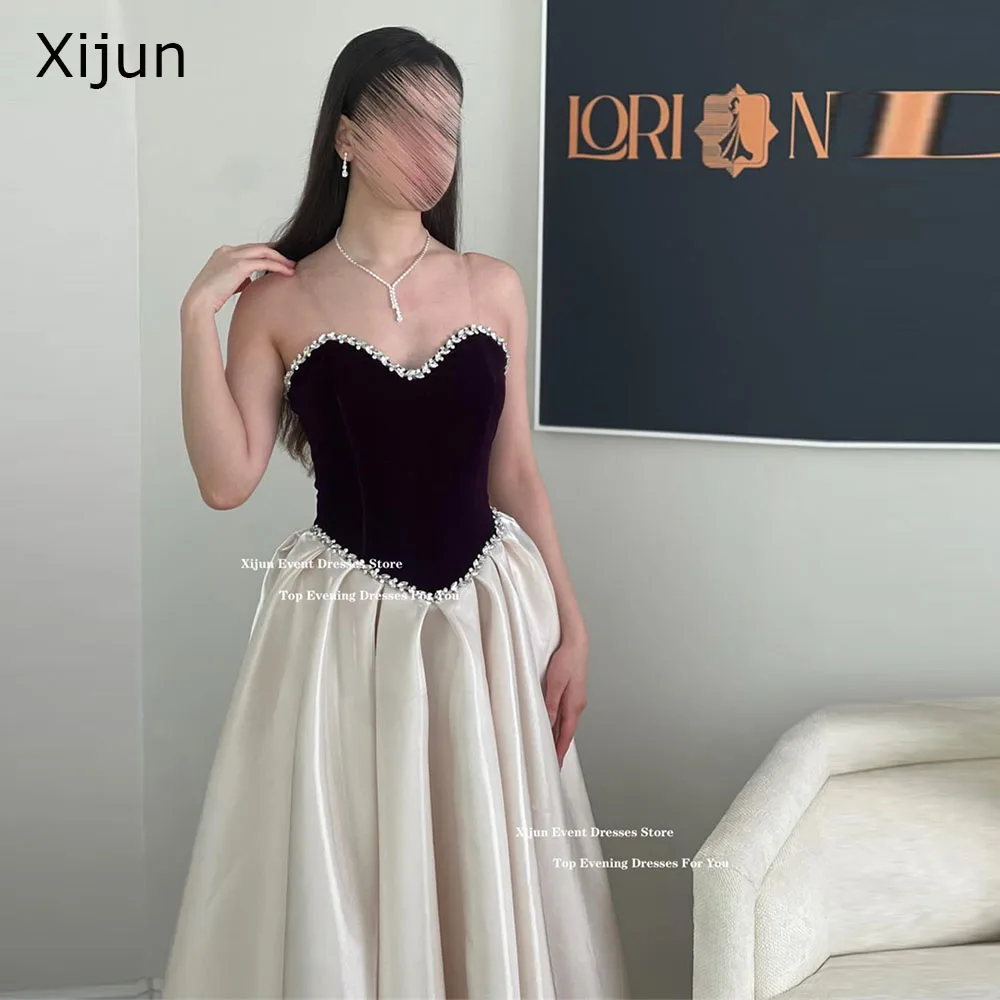 시준 럭셔리 벨벳 롱 이브닝 드레스 스위트하트 A라인 플리츠 프롬 드레스 포멀 크리스탈 심플 두바이 프롬 가운 맞춤 제작