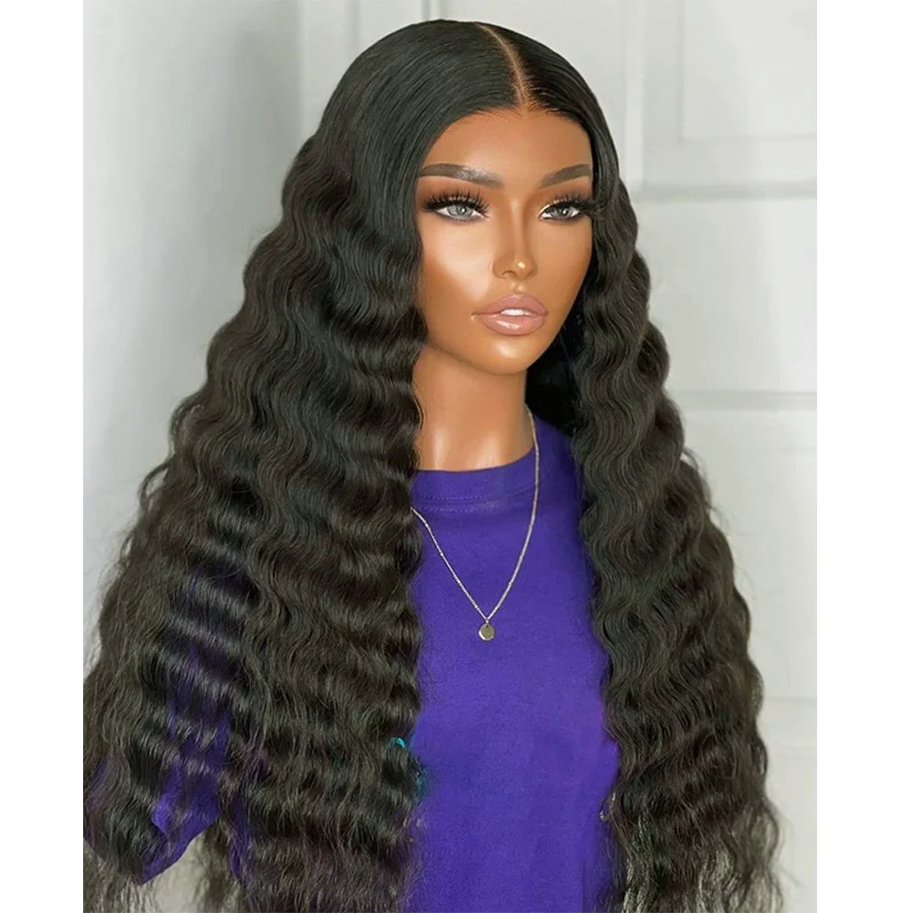 Wig Keriting Sintetis Panjang Wig Hitam Gelombang Dalam untuk Wanita 30 Inci Wig Gelombang Hitam Panjang Bagian Tengah Wig Renda Kulit Kepala Palsu Alami