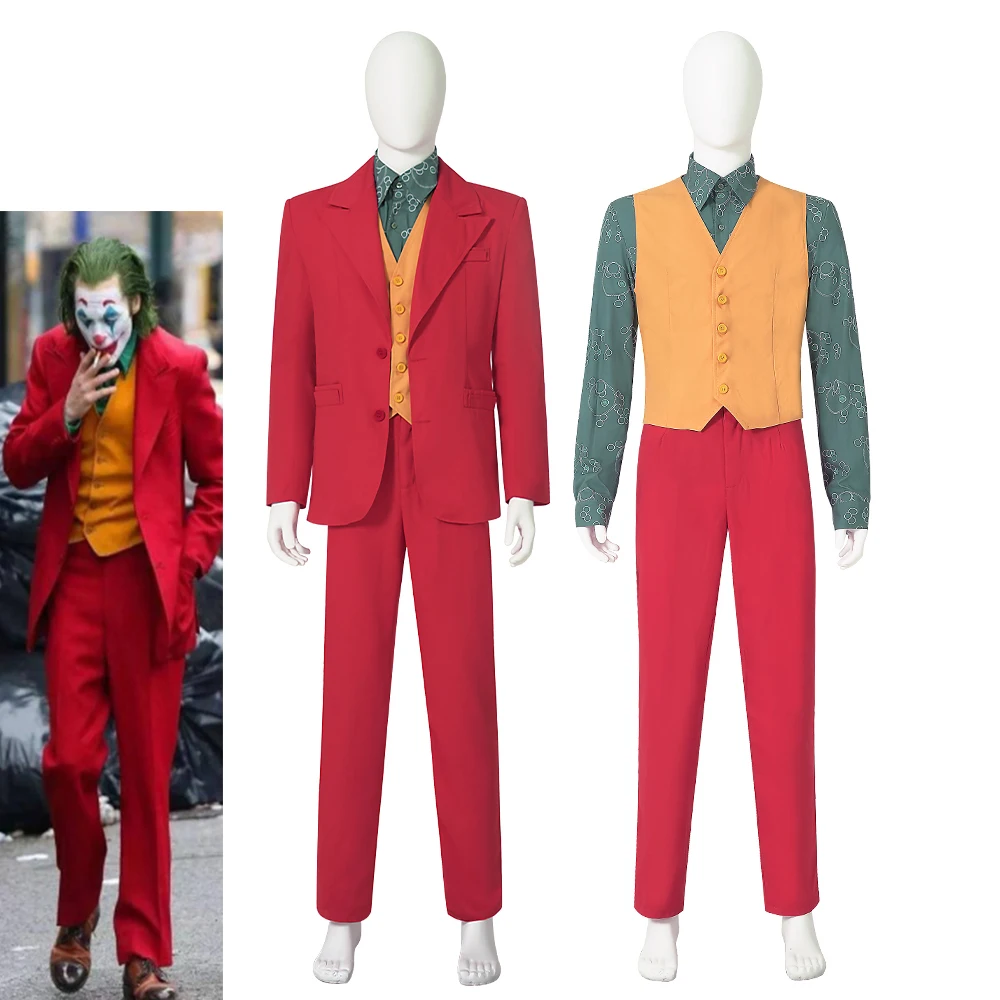 

Movie Joker Cosplay Red Suit For Men Green Printed Shirt Vest Full Set Halloween Carnival Party Stage Performance Clown Uniform