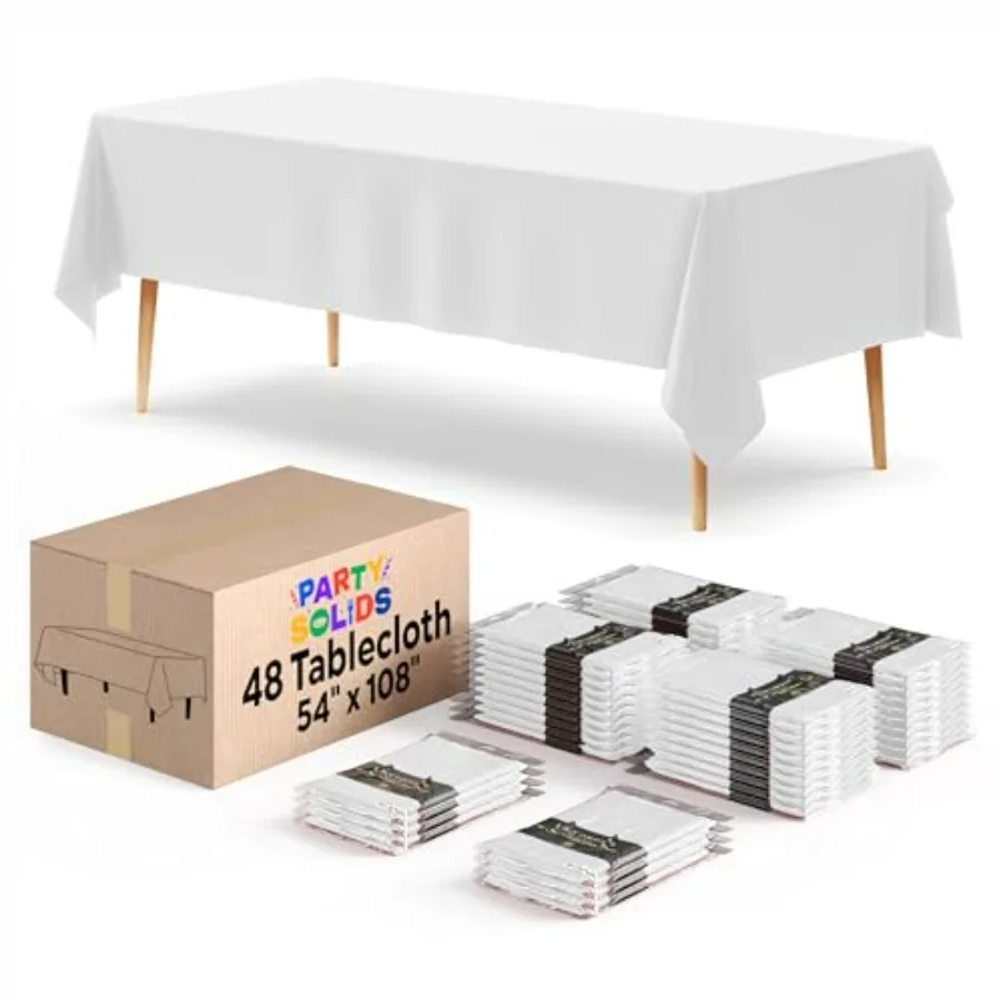

White Plastic Tablecloths for Rectangle Tables 48 Pack 54 X 108 Disposable Rectangular Tablecloths for Party Supplies