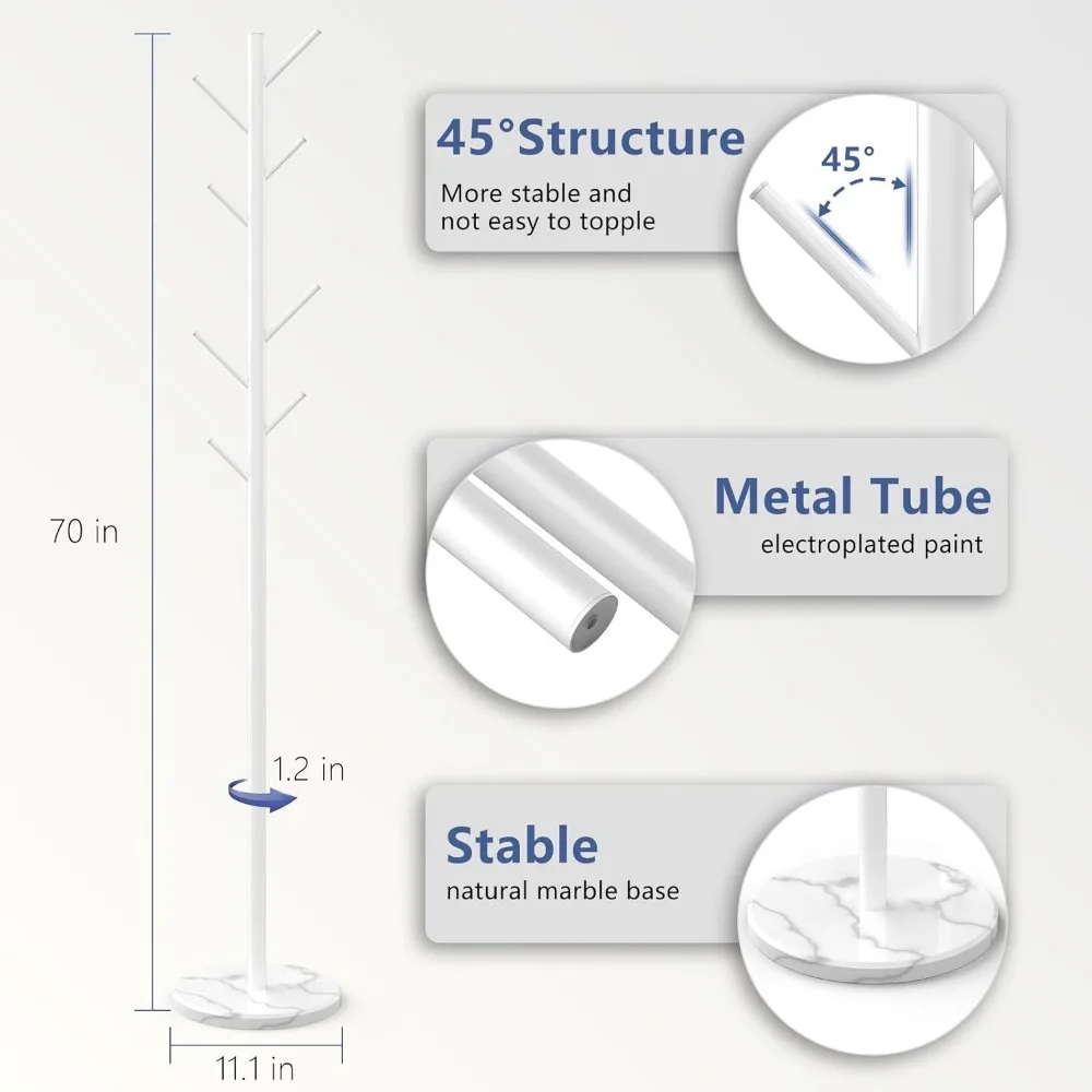 رف معطف معدني قوي قائم بذاته مع 8 خطافات وقاعدة من الرخام الطبيعي، تصميم حديث للاستخدام المنزلي أو المكتبي