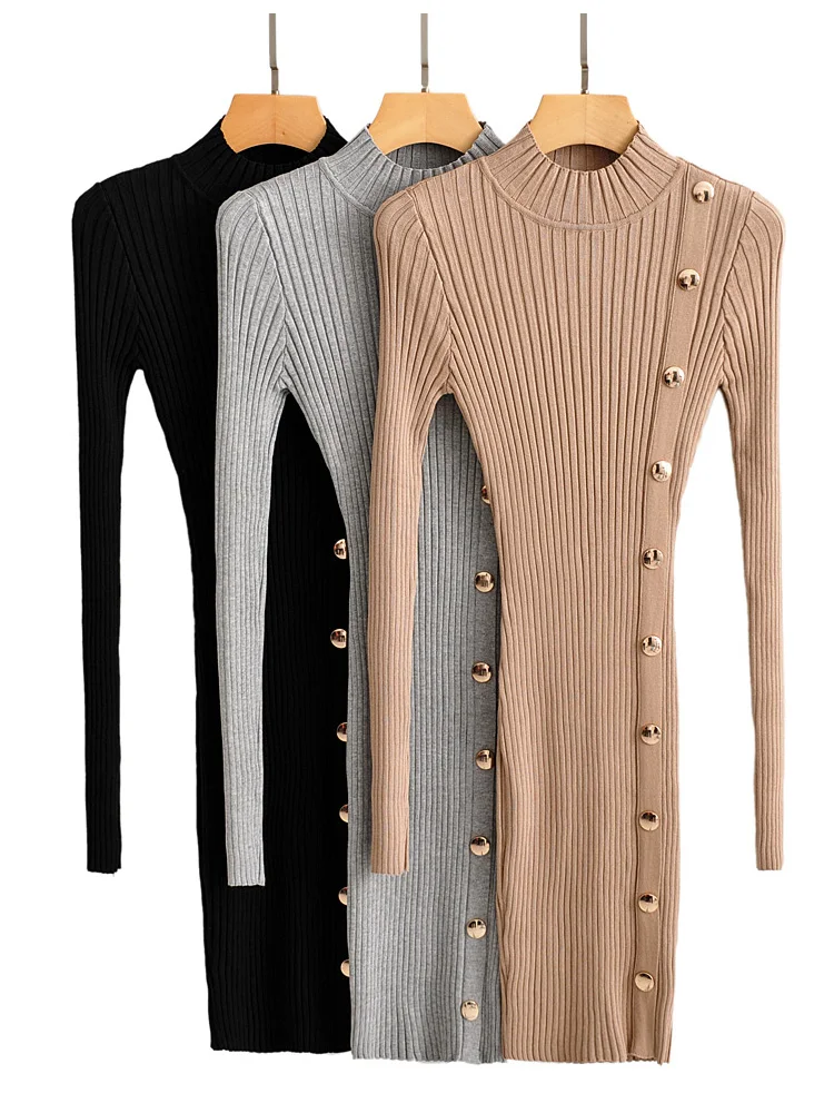 

Women Knitted Stretchable Slim Dress Autumn Winter Buttons Decoration Long Sleeve Half High Collar Dresses