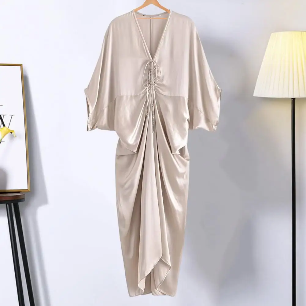 Summer Women Dress Drawstring Pleated V Neck Silky Satin Dress Solid Color Irregular Baggy Bat Sleeves Prom Party Midi Dress