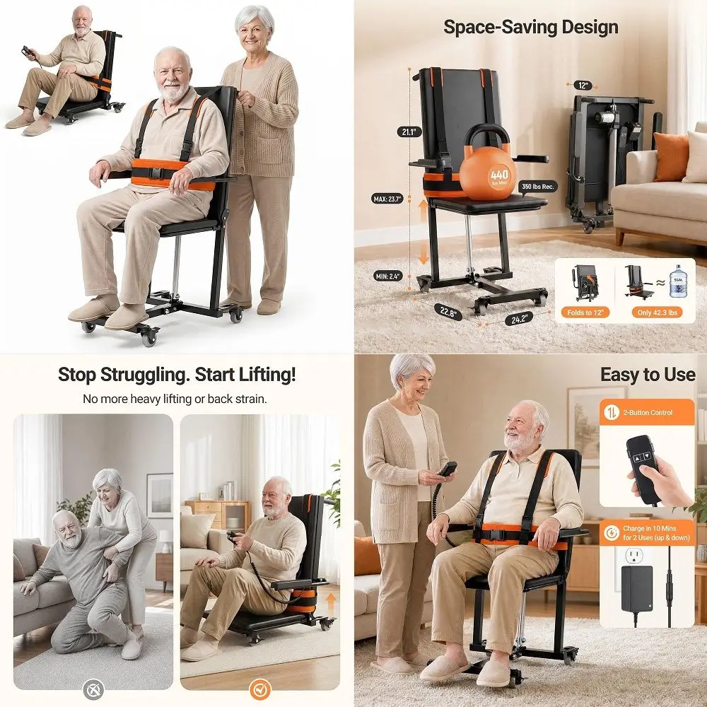 

Lift Chair, Foldable, 360Swivel Wheels, 350 LB Capacity, ShortDistance Transport, Electric Chair Lift for Elderly amp Patient,