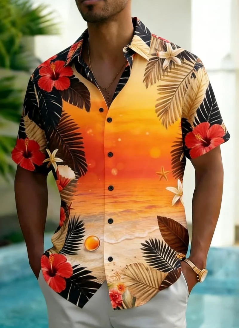 Men's Artistic Ocean View Plant Print Shirt, Trendy Casual Wear for Summer, Beach Trips, Daily Outings & Street Fashion