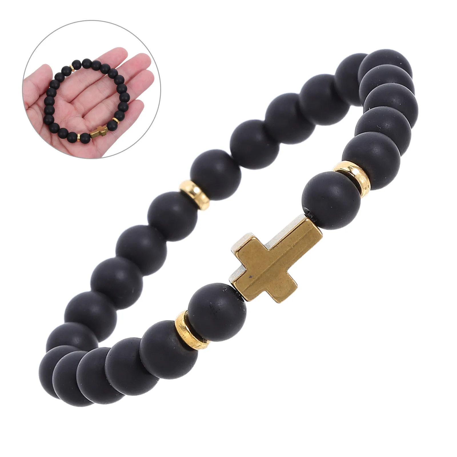 Prayer Beads Rosary Bracelet Natural Stone Beads Zinc Alloy Cross Charm Daily Prayer Meditation Christian Catholic Faith
