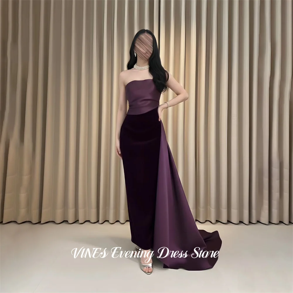 

VINES Black Satin Formal Gown Strapless Mermaid Prom Dresses with Purple Bodice Evening Dress Trained Modern Style Customized