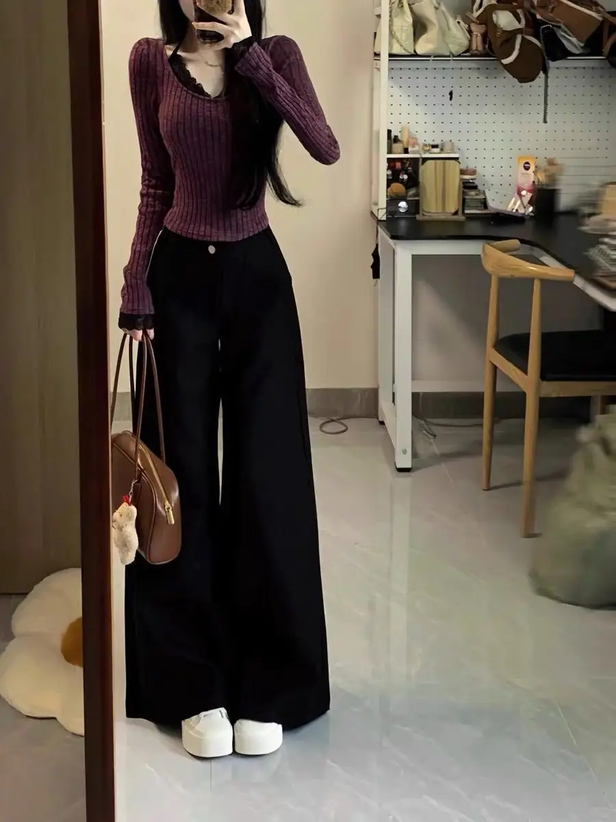 New Women's Autumn and Spring Casual Fitted Slim Regular-Shoulder Lace Spliced Long-Sleeve T-Shirt