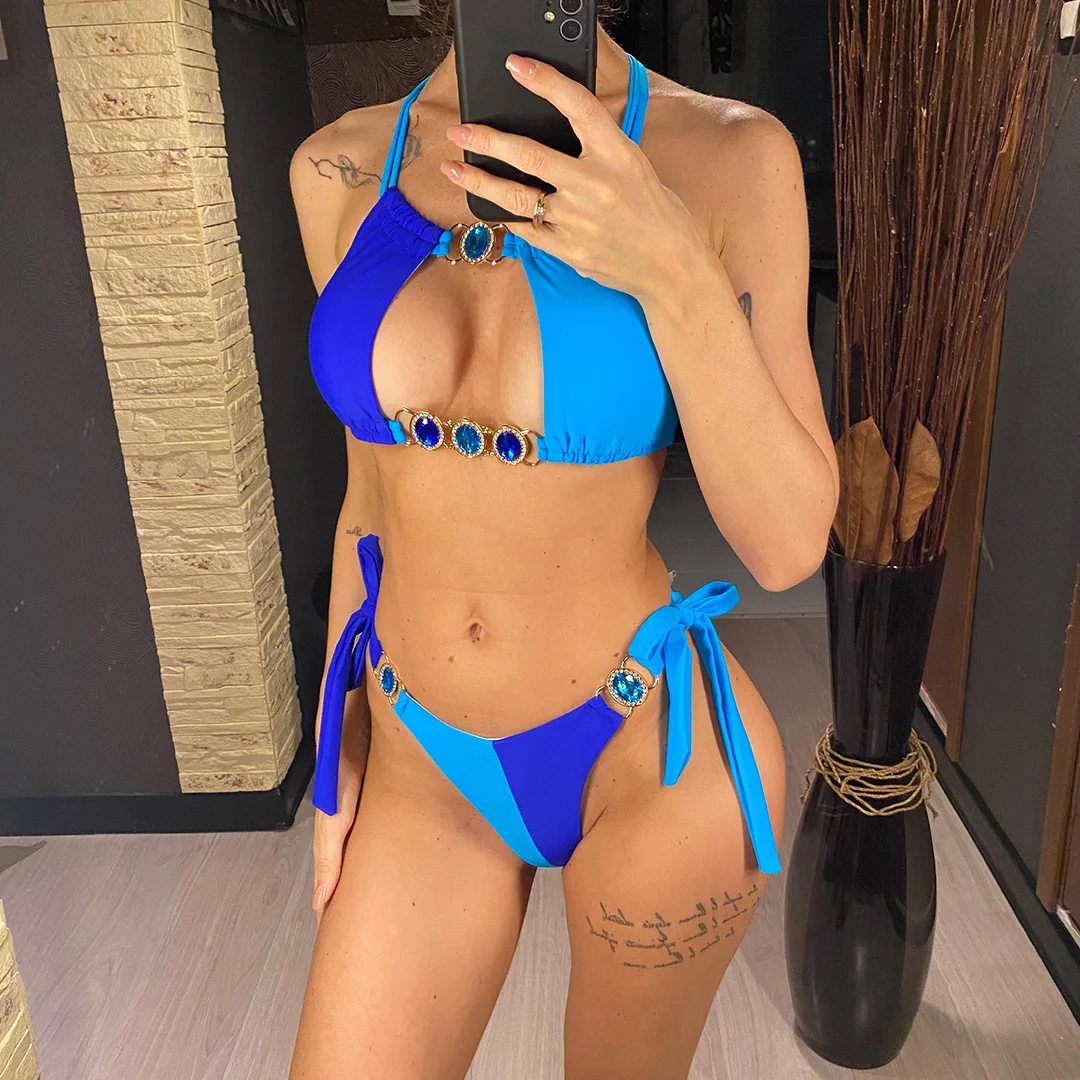 8 Farben Diamant-Strass-Bikini Damen-Badebekleidung Zweiteiliger Bikini-Set Badeanzug Schwimmanzug V5132 – Detail 18