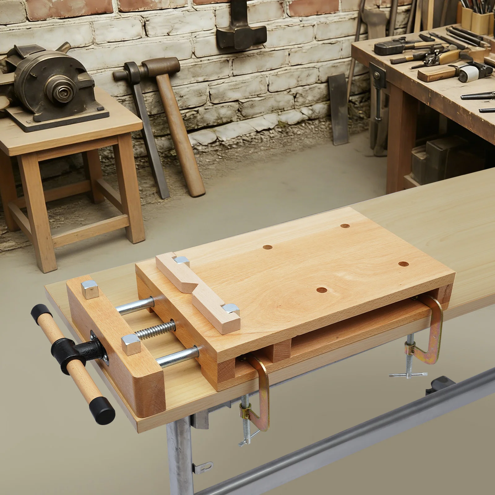 

Woodworking Bench with 2 G-shape Fixing Clips Desktop Wood Vise Workbench for Home Woodworking Studio for Fixing Processing Wood