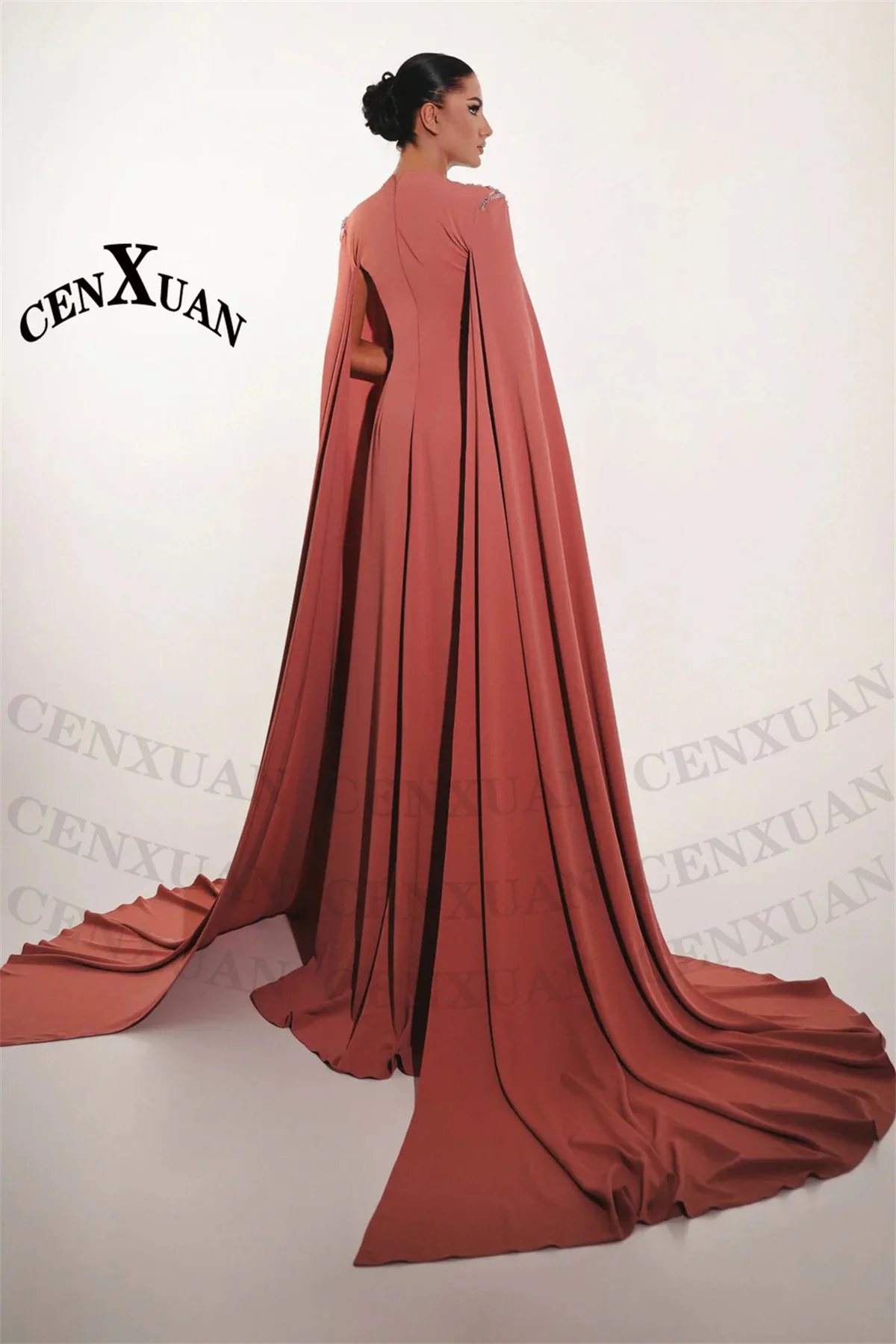 فستان سهرة أنيق على شكل حرف a من CENXUAN مع أحجار الراين وأكمام شال مطوي فساتين مناسبة مخصصة فيستدوس دي فيستا مخصصة