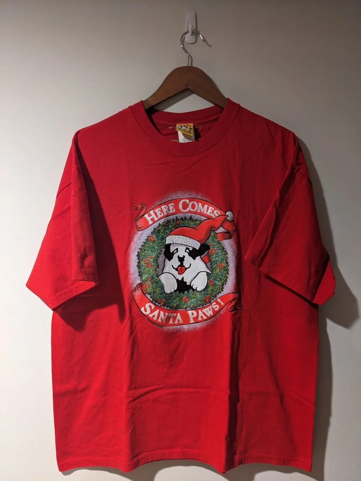 Vintage 1996 Big Dog Here Comes Santa Paws Christmas Red X-Large T-Shirt