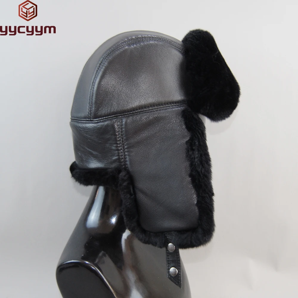 Winter Russian Man & Woman Wholeskin Natural Rex Rabbit Fur Hats Luxury Real Sheep Skin Leather Cap Unisex Real Fur Bomber Hat