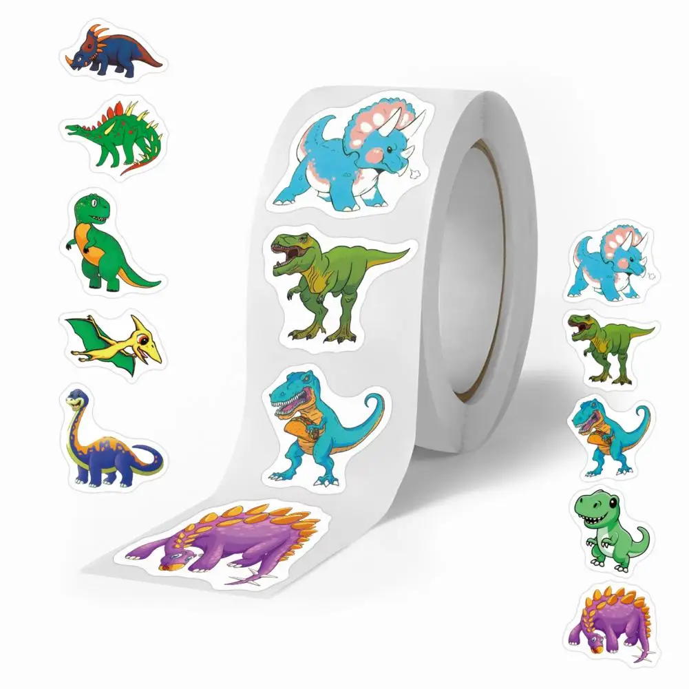 1 Roll 500Pcs Animal Stickers Roll Cute Watercolor Dinosaur Designs Sticker Tape Self-adhesive Decorative Decals for Children