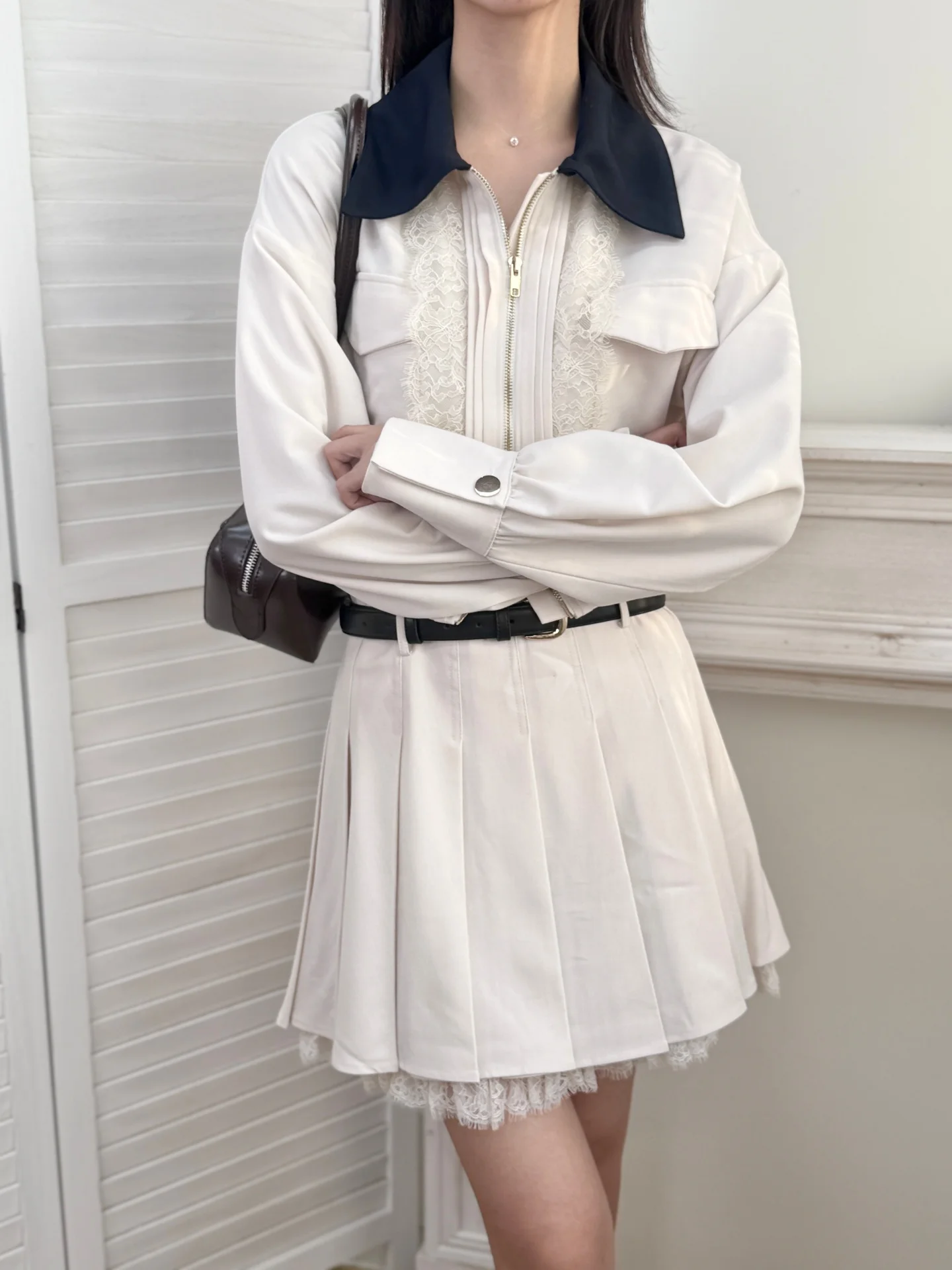 

Ele Ballet Lace Splice ort Комплект пальто и юбки Женский комплект Faion Commute Sle Slim Fit Long Sve Zipper Closure Pure Color