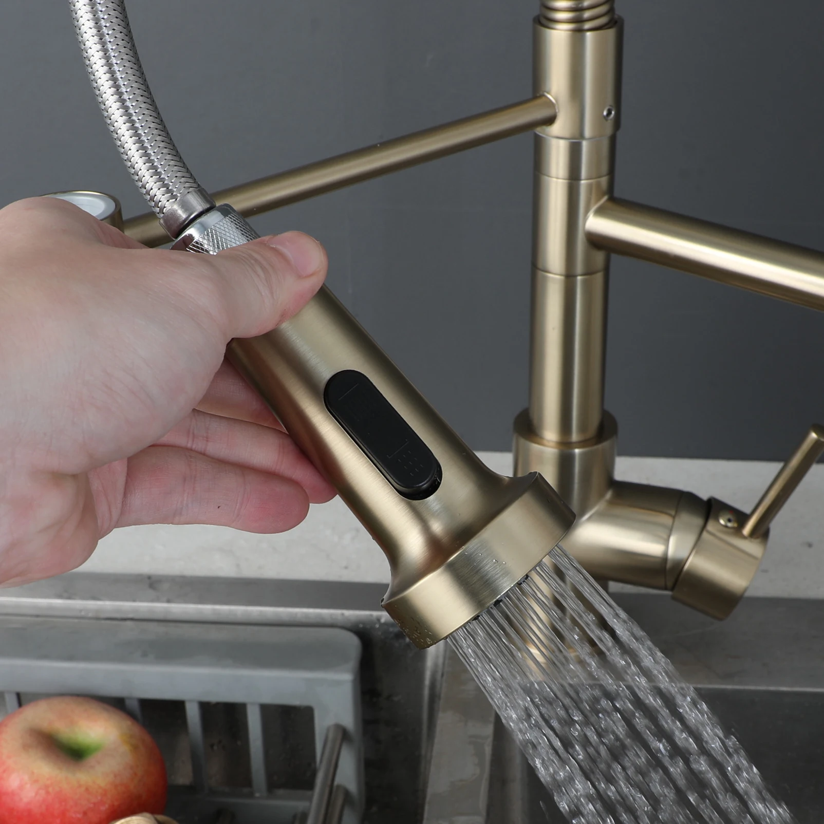 SINLAKU Brushed Gold 3-in-1 Kitchen Faucet with Pull-Down Sprayer & Drinking Water Tap, Spring Neck Dual Spout Kitchen Mixer
