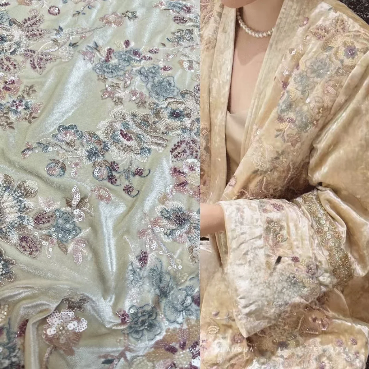 

Романтическая ткань «Цветочное море» с пайетками и вышивкой, бархатная, в новом китайском национальном стиле, материал для рукоделия DIY