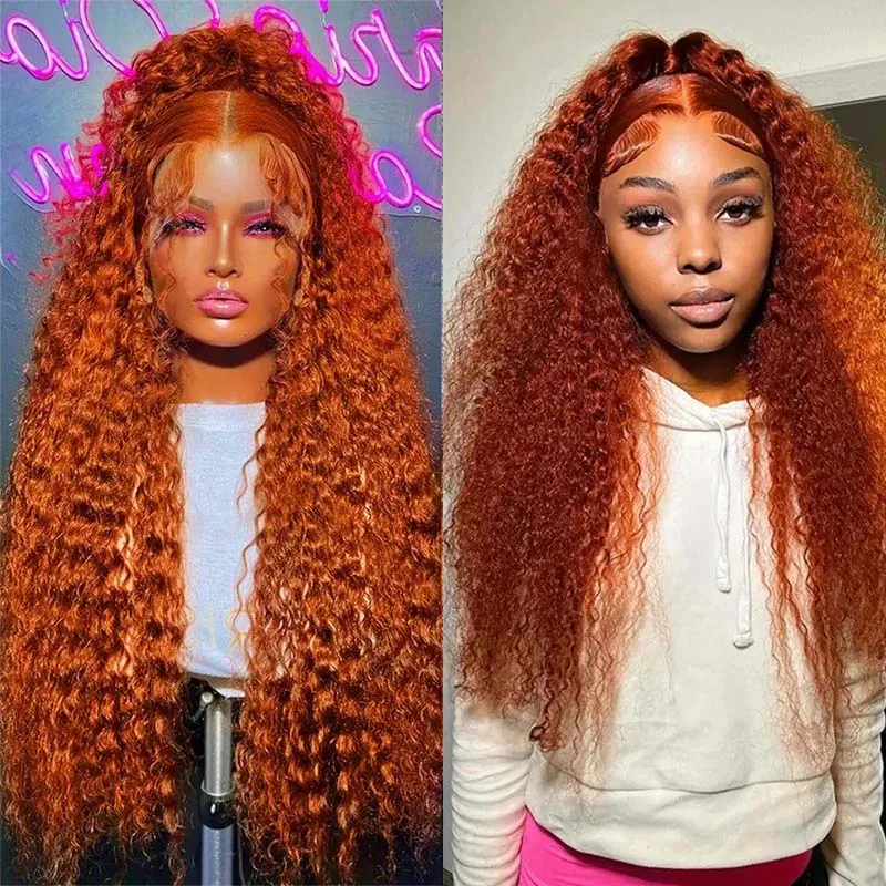 

13x4 Deep Wave Lace Frontal Wigs Human Hair 200% Density Lace Front Wigs Malaysia Hair Pre Plucked Ginger Orange Curly 350#