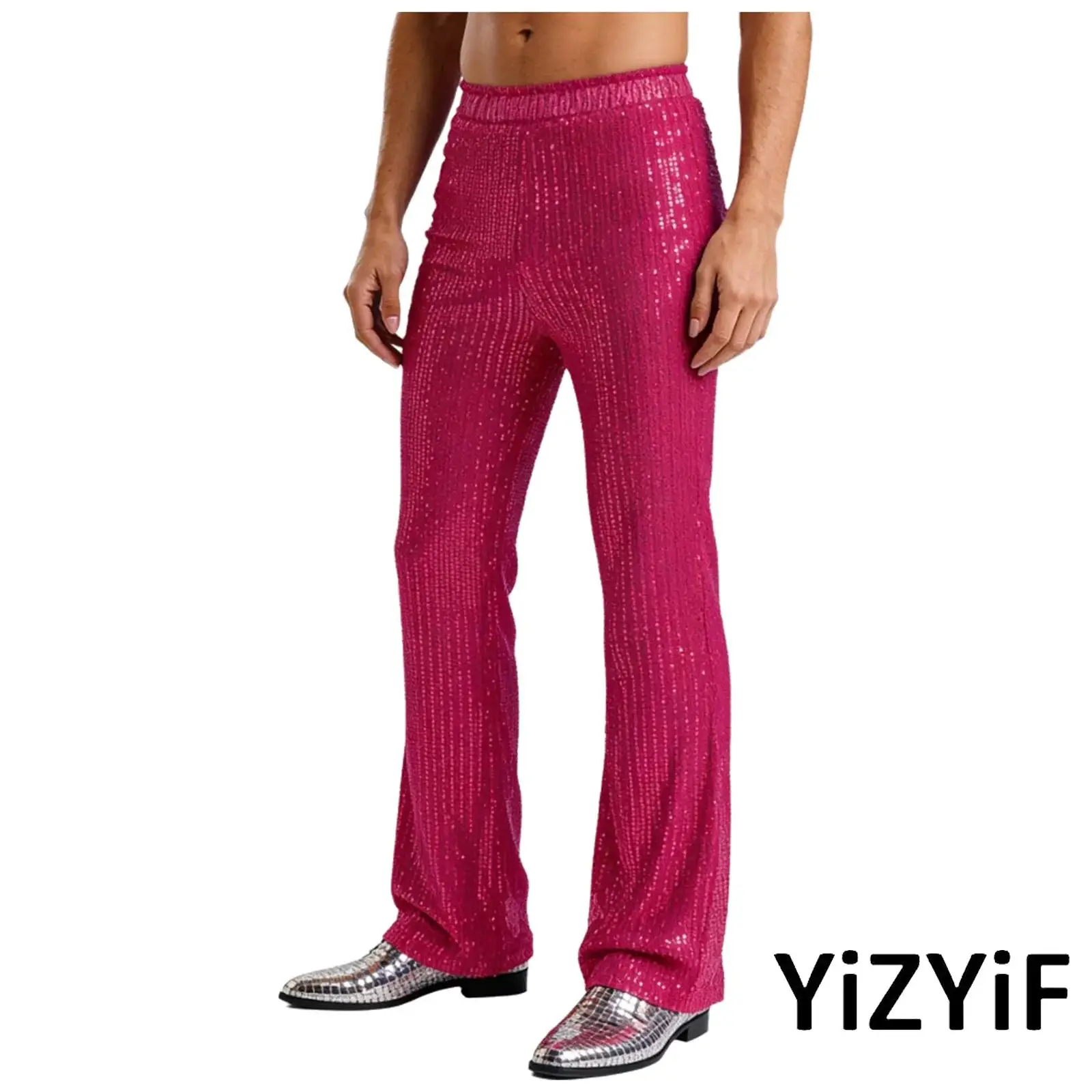 

Mens Jazz Disco Dance Party Pants Elastic Waistband High Rise Glittery Sequins Wide Leg Pants Bling Pants Hip Hop Streetwear