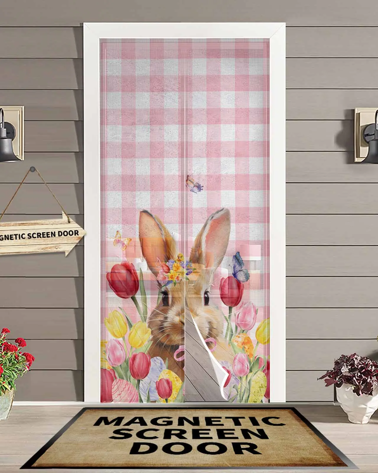 Easter Bunny Tulip Butterfly Plaid Summer Magnetic Door Curtain Living Room Bedroom Home Anti-mosquito Screen Door Curtain