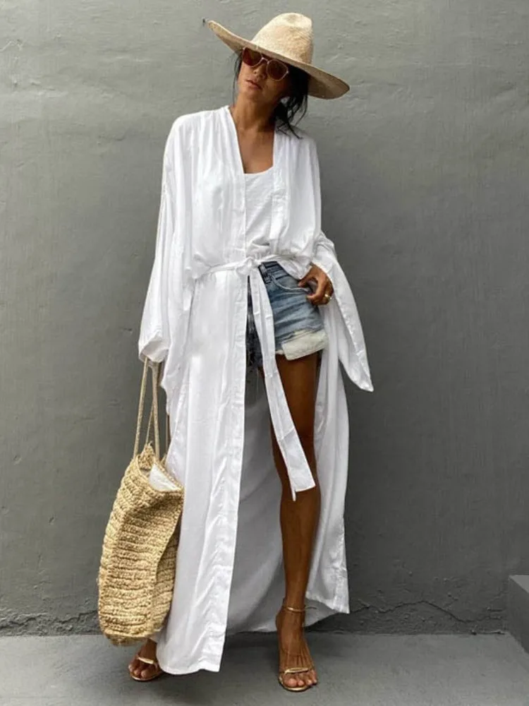 

Beach Cover Ups Women Solid Kimono Cardigan Self Belted Wrap Dresses Summer Holiday Bathing Suits
