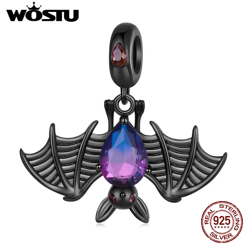 WOSTU 925 Sterling Silver Cool Black Bat Charms Rainbow Crystal Bead Fit Original Bracelet DIY Neckalce Halloween Jewelry Making