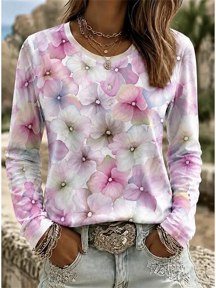 Autumn Women's Fashion Long-Sleeved Pink Floral Patchwork T-Shirt Elegant and Stylish Round Neck Casual Street Style Top