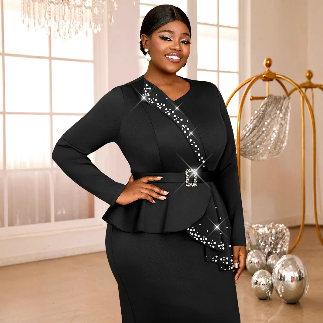 Am 050133 Ruffle Beaded Dress Ruffle Black Slimming Tummy Cover Plus Size Graduation Dress for Women Summer Elegantes Casual Y2k