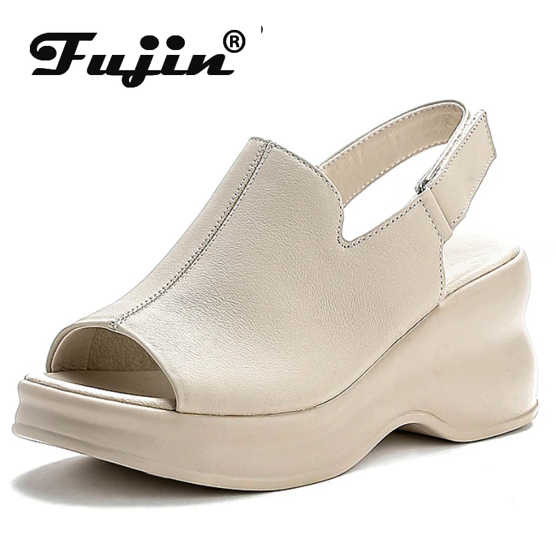 

Fujin 6.5cm Peep Toe Good Slipper Flexible Platform Wedge Lightweight Women Shoes Cow Genuine Leather Summer Hook Rubber Comfy