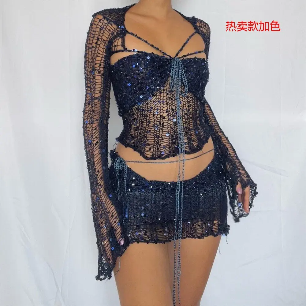 2025 New Bead Knitted Sweater Three-piece Set European and American Women's Clothing