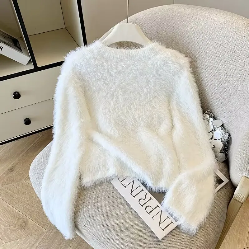 سترة محبوكة مخملية بيضاء ort V-Ne للتخسيس طبقة أساسية للنساء وصل حديثًا لخريف 2025 ألياف بوليستر 00%