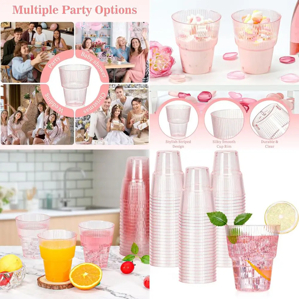 

100 шт. розовых пластиковых бокалов для вина с ребристой поверхностью, 14 унций — одноразовые стаканы для мартини для свадеб и мероприятий