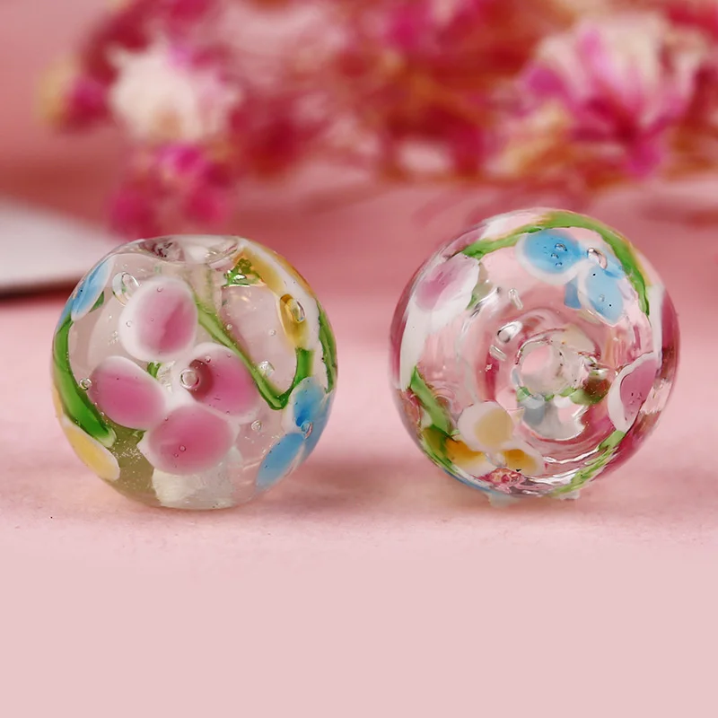 5/10Pcs 12mm Retro Handmade Glass lampwork beads Flower Round  colour decoration beads DIY for Jewelry making Wholesale