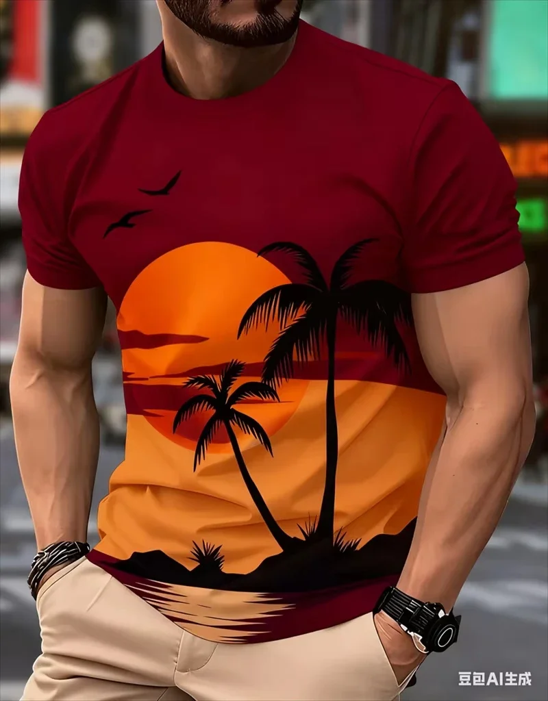 Mens Short Sleeve T Shirt Tropical Sunset Palm Tree Seagull Graphic Print Crew Neck Casual Summer Daily Wear Top