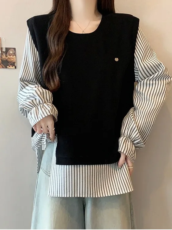 

plus Size Women's Knitwear Autumn Winter Stripe Patchwork Vest Top Loose Versatile Korean Style Commute Wind Long Sleeve Sweater